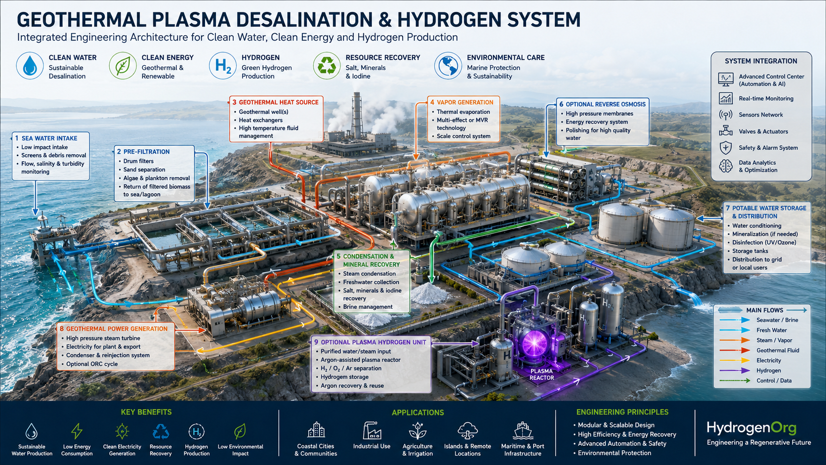 Système de dessalement par plasma géothermique HydrogenOrg avec prise d'eau de mer, chaleur géothermique, support solaire, unité plasma, récupération de sel et stockage de sel